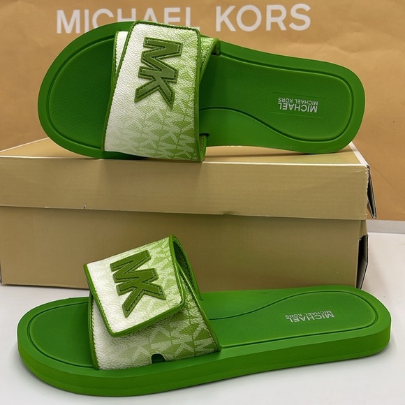 Michael Kors Shoes - Michael Kors Green Slide Logo Sandals Palmer Ombré Signature
Jungle Green 
NWT